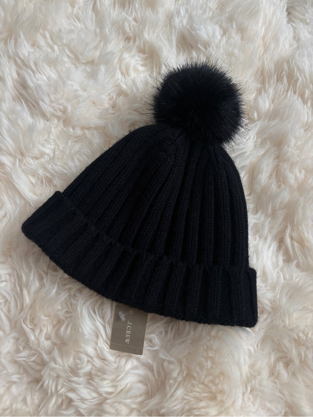 NWT J.Crew Black Ribbed Knit Pom Pom Beanie